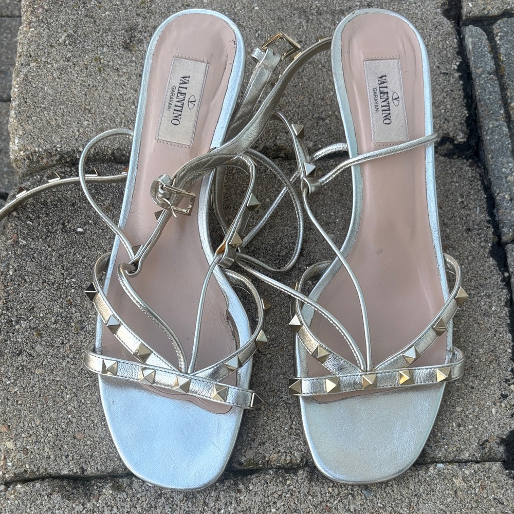 Valentino Gold Pyramid Stud Strappy Sandals with Lace-Up Tie